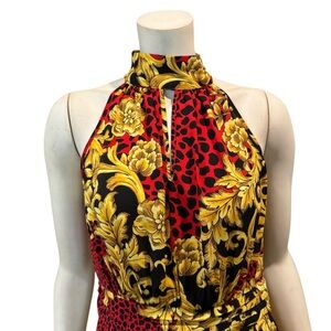 Red and Gold Leopard Print Asymmetrical Halter Peplum Blouse